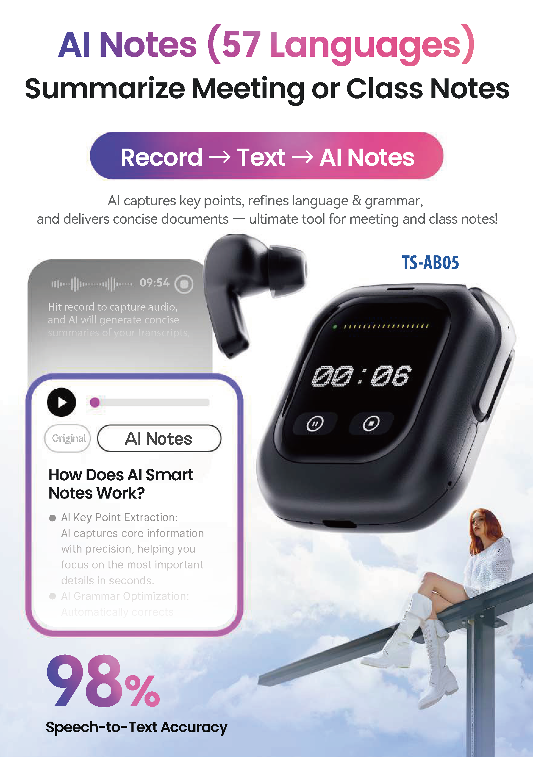 AB05 AI Smart Earbuds with Voice Assistant, Translation & Meeting Notes